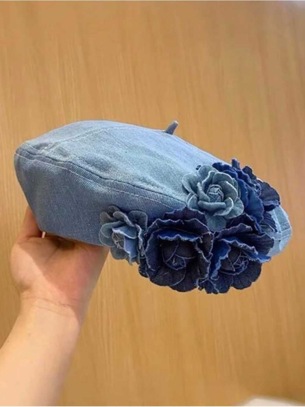 Denim Floral Appliqué Beret - Light & Dark Blue